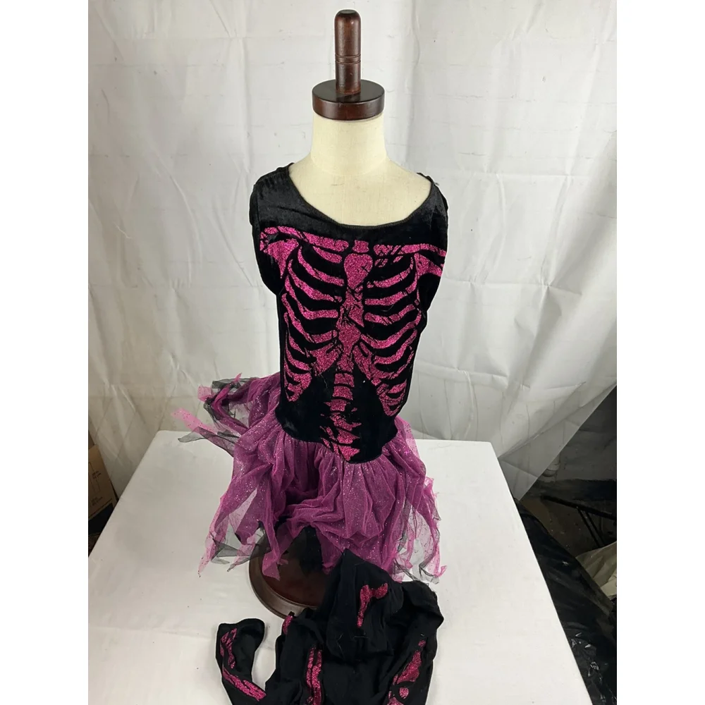 Halloween Costume Girl M 7-8 Pink Black Glitter Skeleton Dress Sleeve Tights Bow